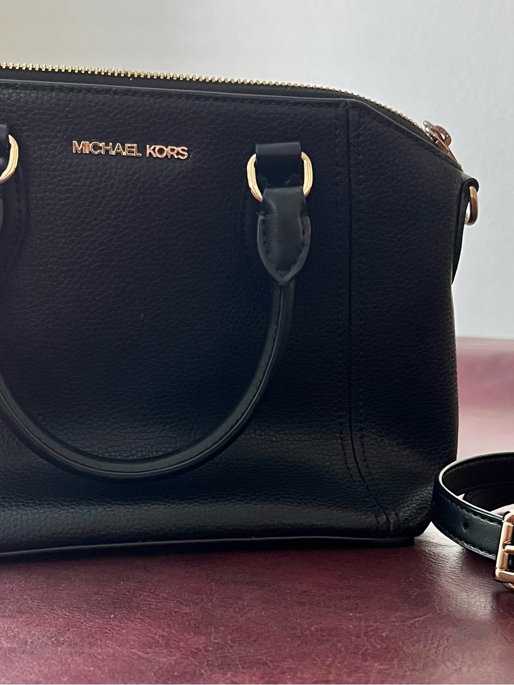 Michael Kors Black Pebbled Leather Satchel with Gold Hardware